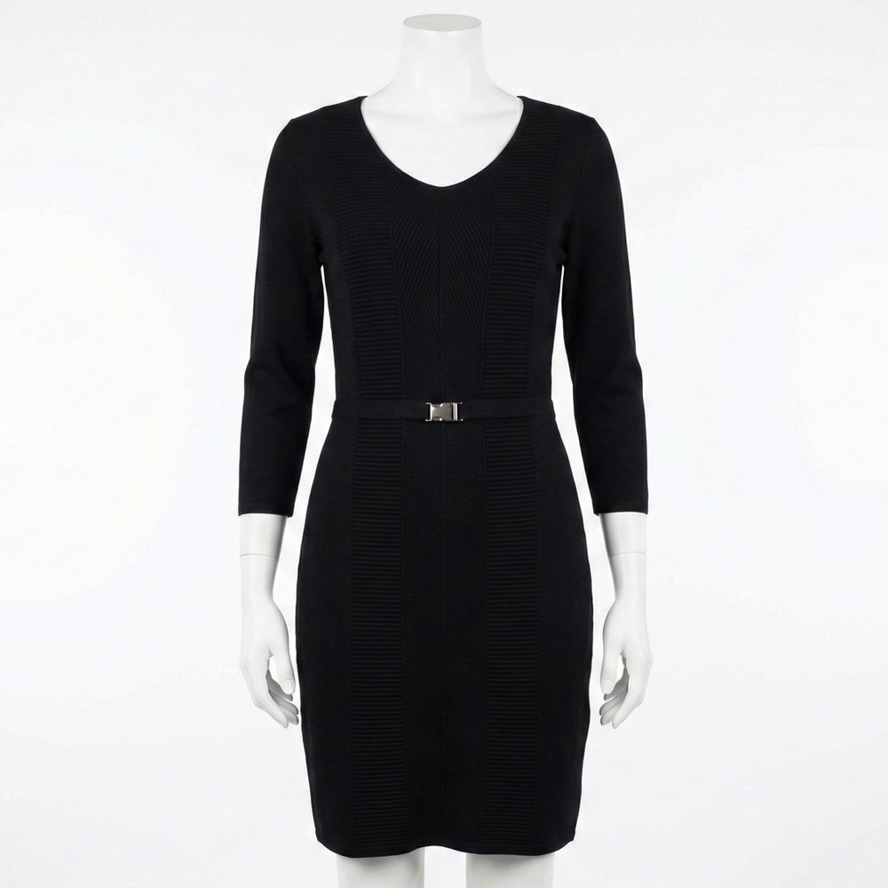 Calvin Klein Black Ribbed Knit Sweater Dress Metal Logo Waist Large